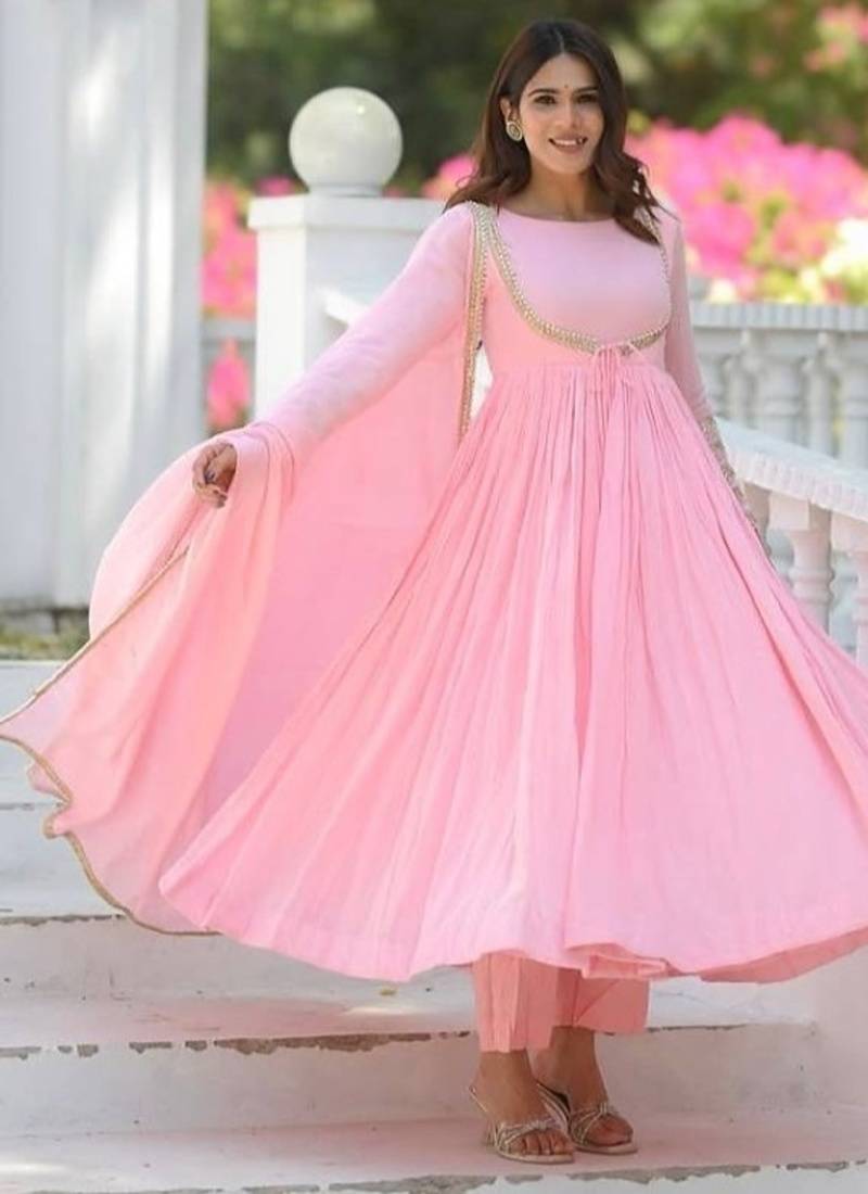 baby pink embroidery silk blend  full stitched anarkali suit 