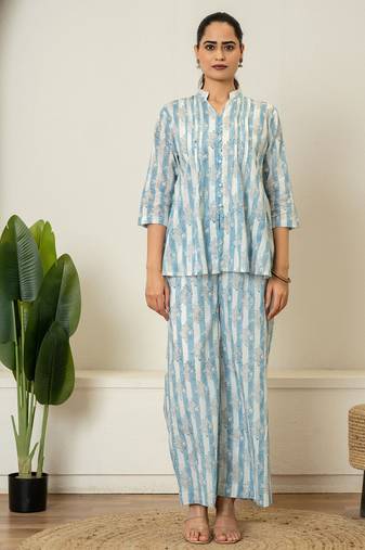 Blue hand block printed cotton co-ord set