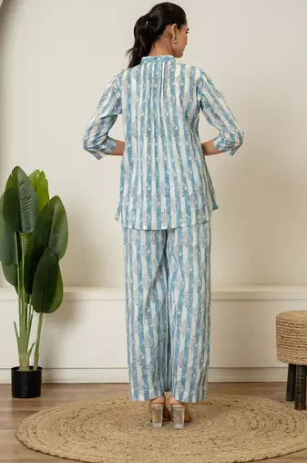 Blue hand block printed cotton co-ord set