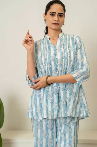 Blue hand block printed cotton co-ord set