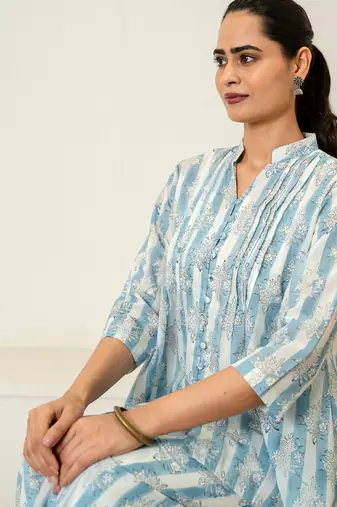 Blue hand block printed cotton co-ord set