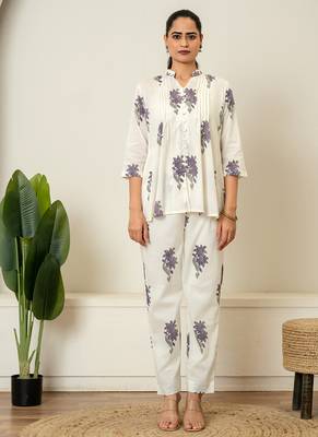 Lavender floral hand block printed cotton co-ord set 1