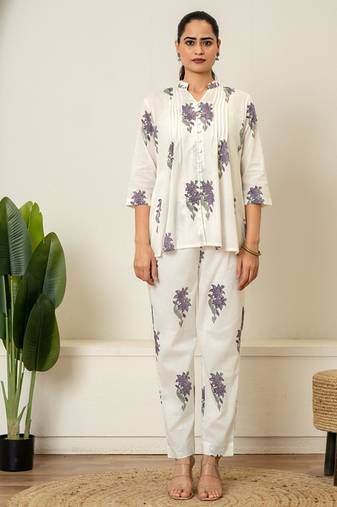 Lavender floral hand block printed cotton co-ord set
