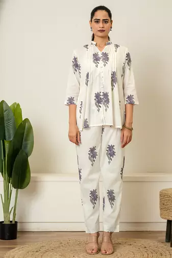 Lavender floral hand block printed cotton co-ord set