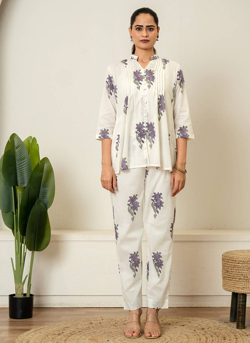 Lavender floral hand block printed cotton co-ord set