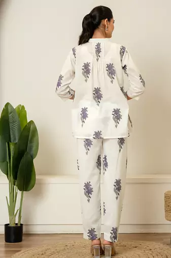 Lavender floral hand block printed cotton co-ord set