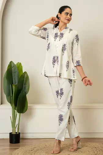 Lavender floral hand block printed cotton co-ord set