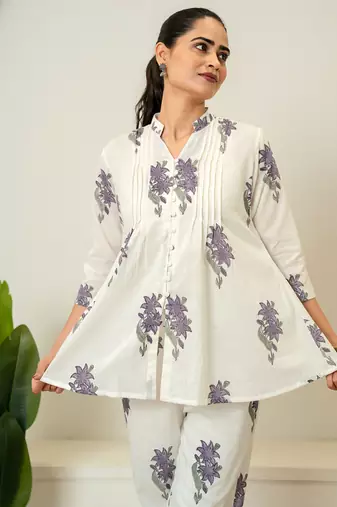 Lavender floral hand block printed cotton co-ord set