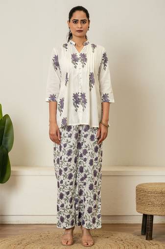 Lavender floral hand block printed cotton co-ord set