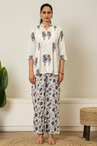 Lavender floral hand block printed cotton co-ord set