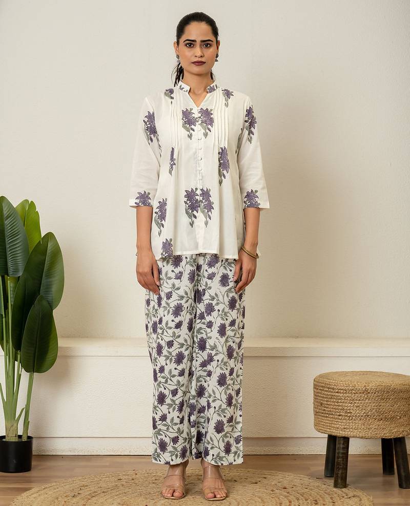 Lavender floral hand block printed cotton co-ord set