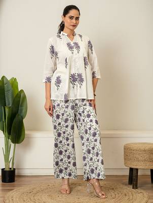 Lavender floral hand block printed cotton co-ord set 3