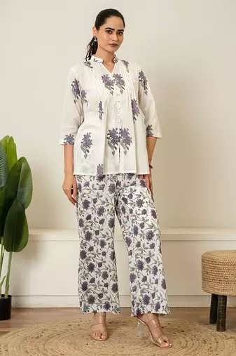 Lavender floral hand block printed cotton co-ord set