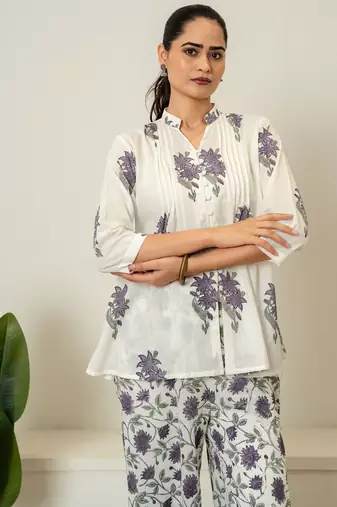 Lavender floral hand block printed cotton co-ord set