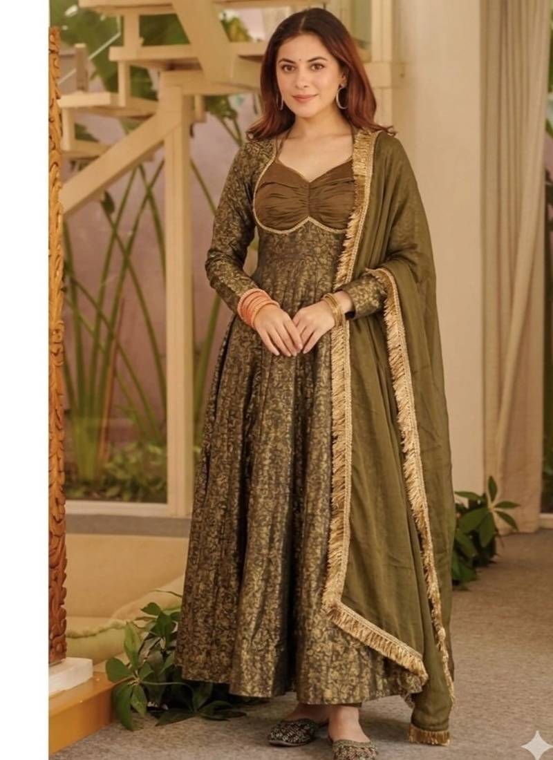 gold jacquard floral full stitched anarkali suit 