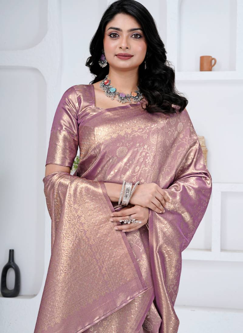 royal onion putple all over woven zari tissue silk blend party wear saree with blouse
