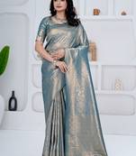 royal sky blue colour all over woven zari tissue silk blend party wear saree with blouse