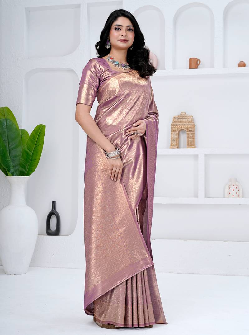 royal onion putple all over woven zari tissue silk blend party wear saree with blouse