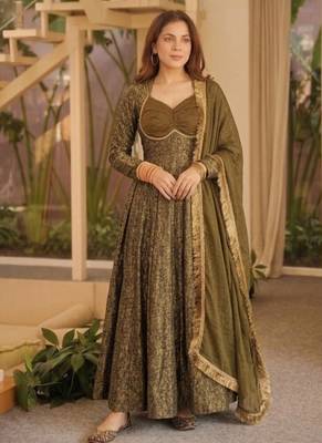 gold jacquard floral full stitched anarkali suit  3