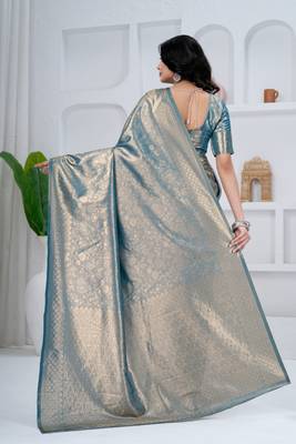 royal sky blue colour all over woven zari tissue silk blend party wear saree with blouse 2