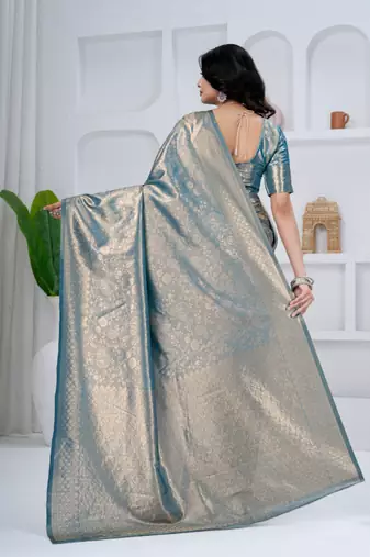 royal sky blue colour all over woven zari tissue silk blend party wear saree with blouse