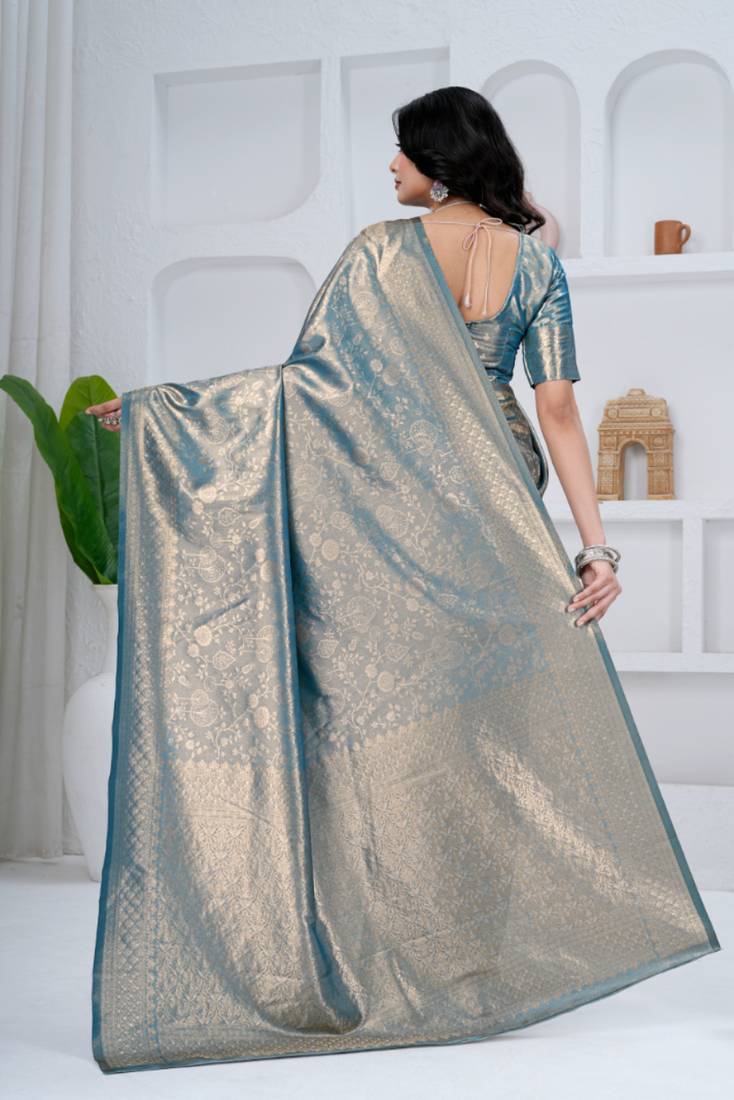 royal sky blue colour all over woven zari tissue silk blend party wear saree with blouse