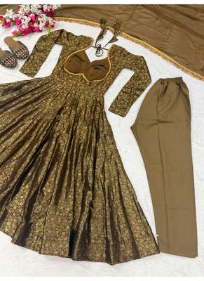 gold jacquard floral full stitched anarkali suit  4