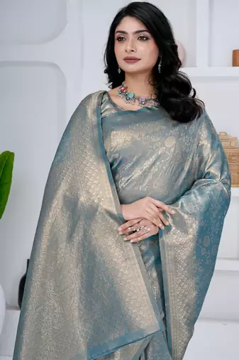 royal sky blue colour all over woven zari tissue silk blend party wear saree with blouse