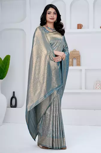 royal sky blue colour all over woven zari tissue silk blend party wear saree with blouse