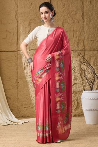 Gajari abstract printed satin ethnic saree