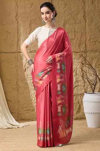 Gajari abstract printed satin ethnic saree