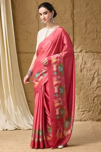 Gajari abstract printed satin ethnic saree