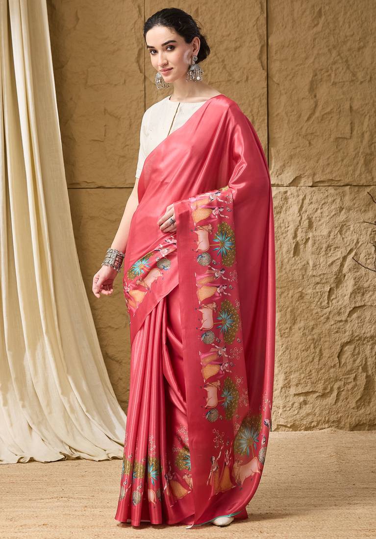 Gajari abstract printed satin ethnic saree