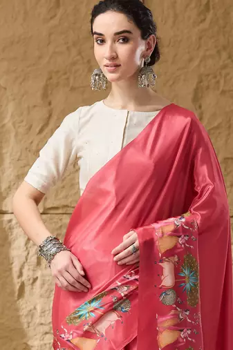 Gajari abstract printed satin ethnic saree