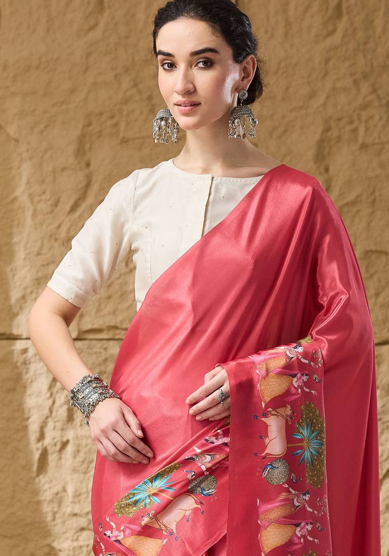 Gajari abstract printed satin ethnic saree
