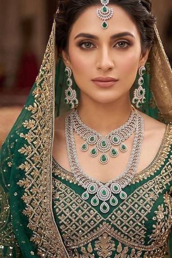 Emerald Green Cubic Zirconia Bridal Jewelry Set, Pakistani Indian Wedding Necklace Earrings Maang Tikka