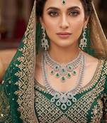 Emerald Green Cubic Zirconia Bridal Jewelry Set, Pakistani Indian Wedding Necklace Earrings Maang Tikka