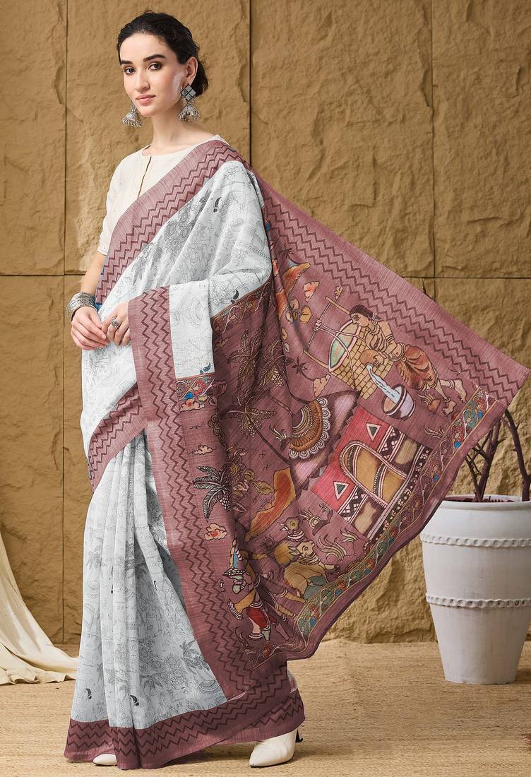 Wine kalamkari cotton silk ethnic saree