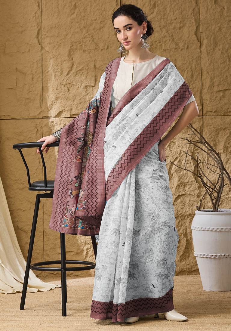 Wine kalamkari cotton silk ethnic saree
