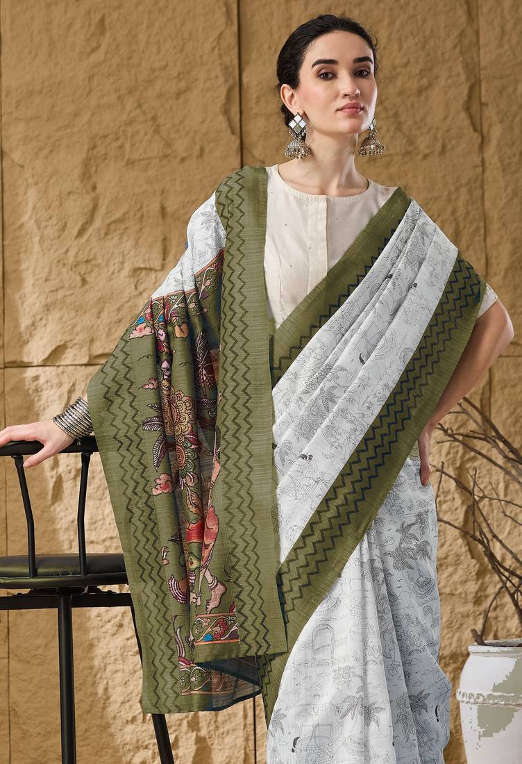 Green kalamkari cotton silk ethnic saree