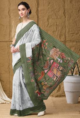 Green kalamkari cotton silk ethnic saree 3