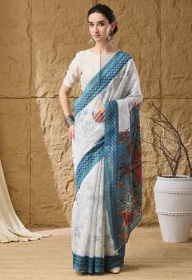 Sky kalamkari cotton silk ethnic saree 1