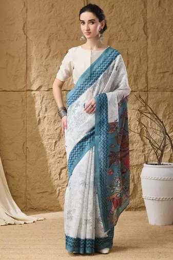 Sky kalamkari cotton silk ethnic saree