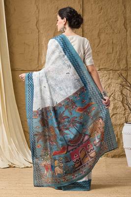 Sky kalamkari cotton silk ethnic saree 2