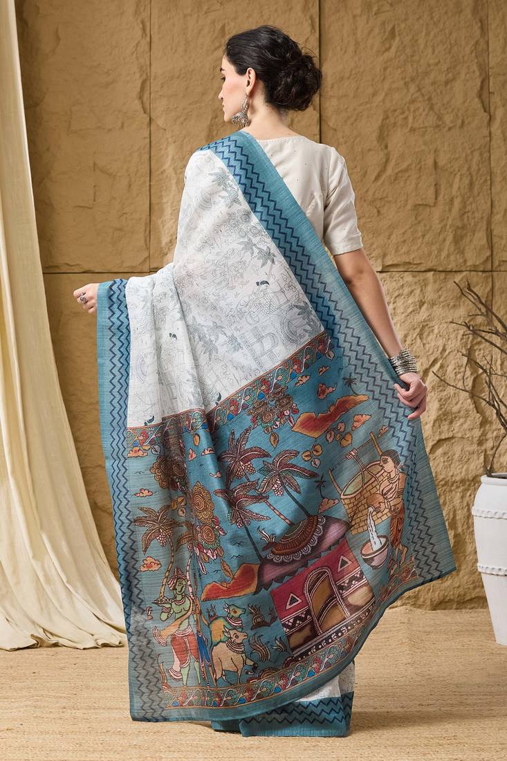 Sky kalamkari cotton silk ethnic saree