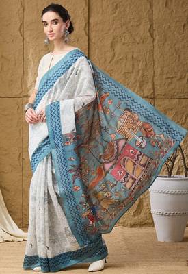 Sky kalamkari cotton silk ethnic saree 3