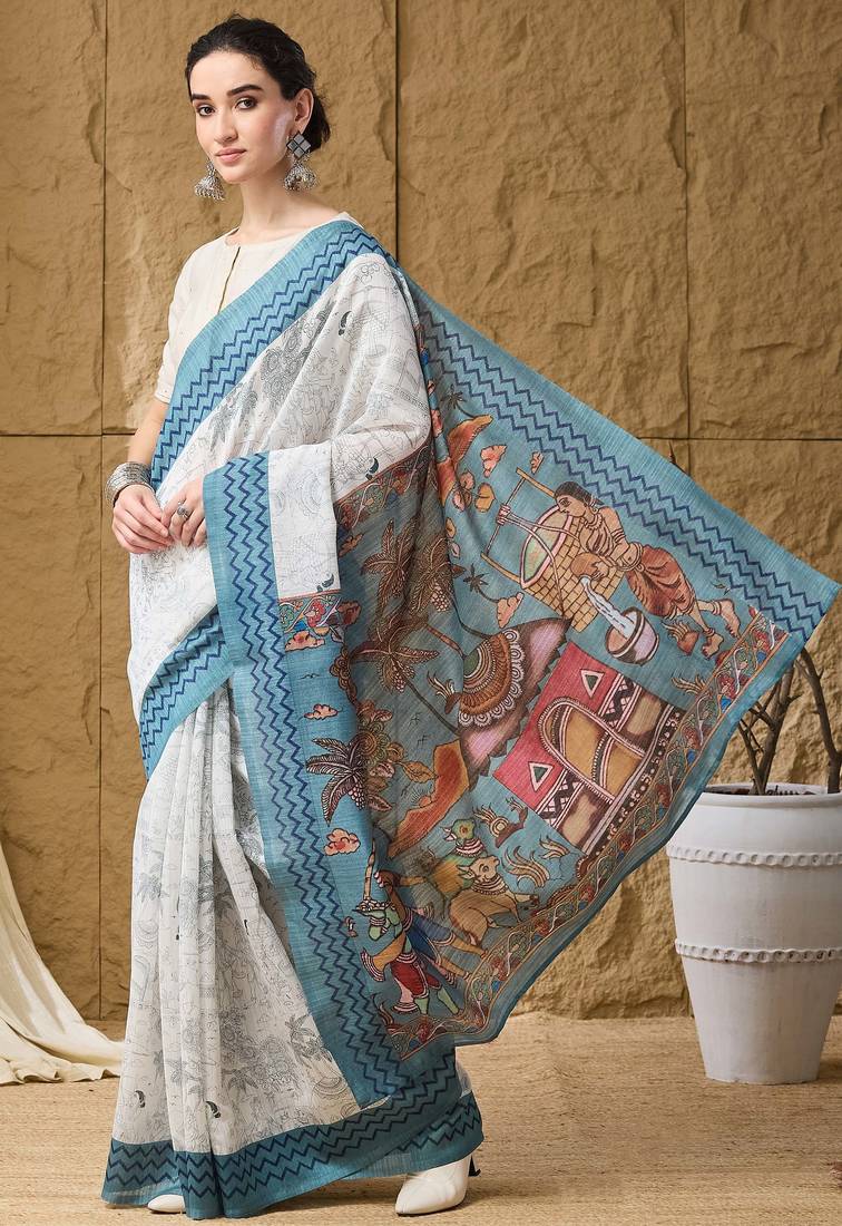 Sky kalamkari cotton silk ethnic saree