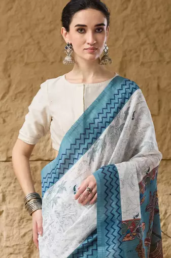 Sky kalamkari cotton silk ethnic saree