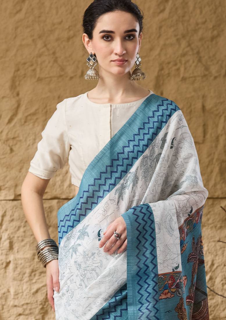 Sky kalamkari cotton silk ethnic saree