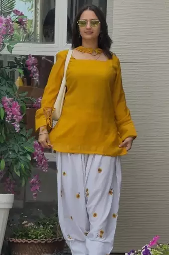 yelllow print cotton full stitched farshi salwar
